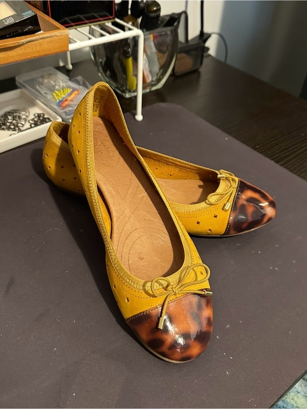 Clarks Mustard Yellow Ballet Flats with Tortoiseshell Cap Toe